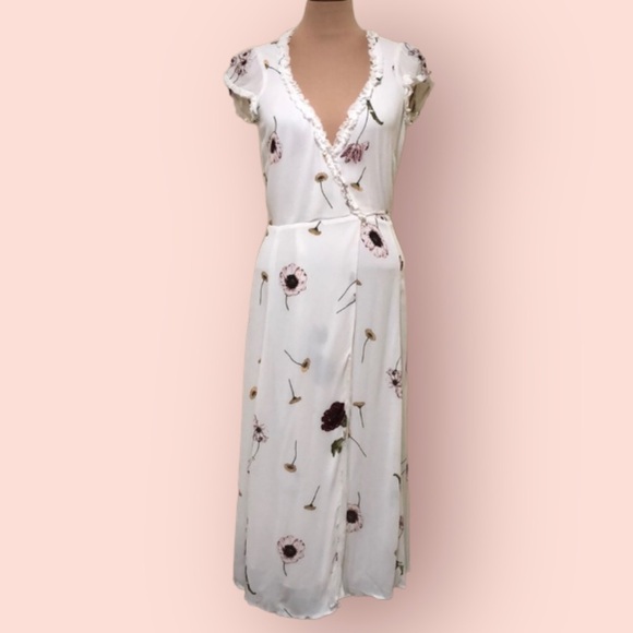 Reformation Gwenyth Midi Wrap Dress Size XS Ruffle White Floral Gardenia Print - Picture 1 of 9